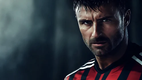 Intense soccer player stares ahead in dramatic low-key portrait.