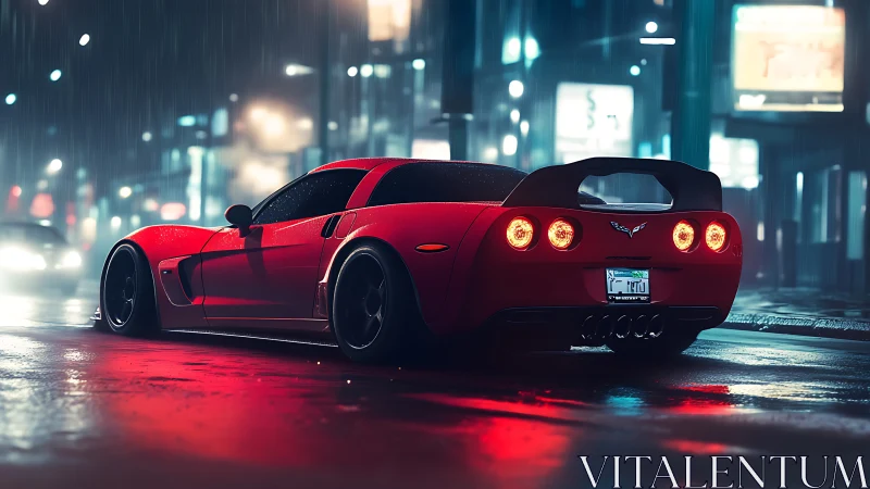 Red sports car waits under neon rain on wet city street