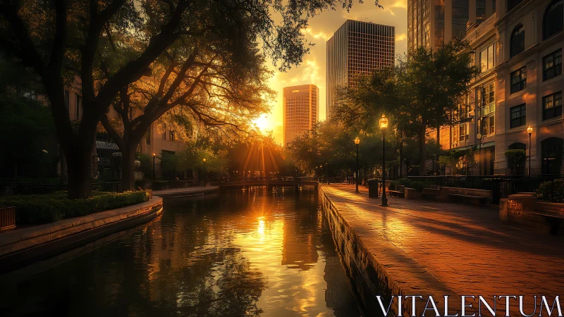 Golden hour canal through urban park with sunlit skyline.