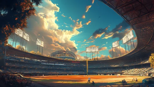 Sunlit baseball stadium under dramatic evening sky panorama.