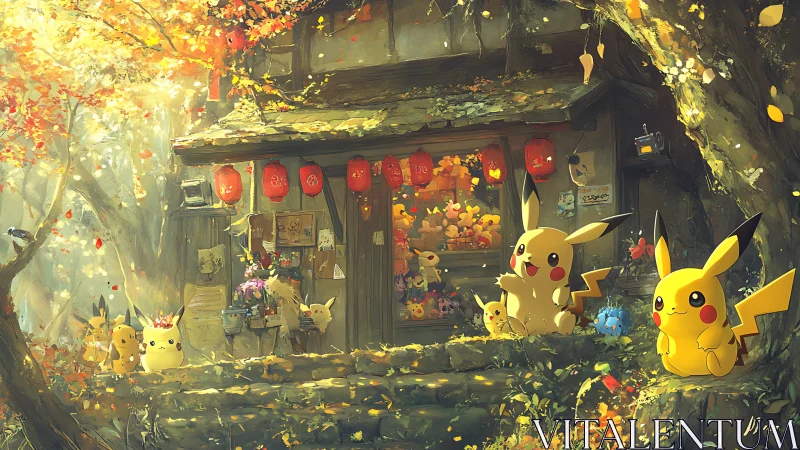 Pikachu gathering outside lantern-lit forest snack shop.