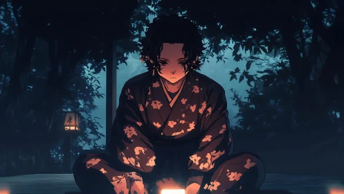 Solitary youth in yukata reflects by soft lantern glow.