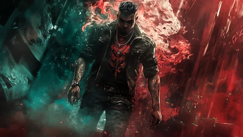 Brooding cyberpunk antihero in red teal urban inferno.