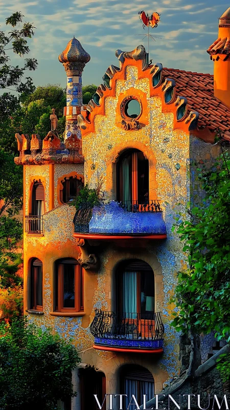 Colorful organic façade of mosaic-clad residential building.