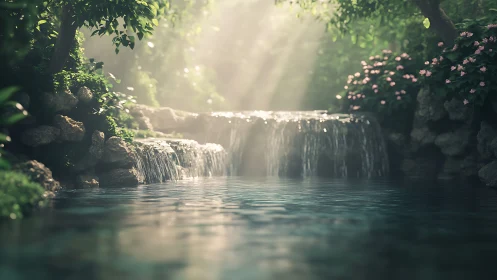 Soft morning light dances over a peaceful forest waterfall