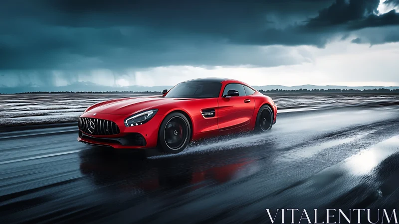 Red sports coupe powers through cinematic wet roadway.
