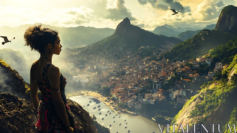 Sunlit mountainside overlook with contemplative woman above city.