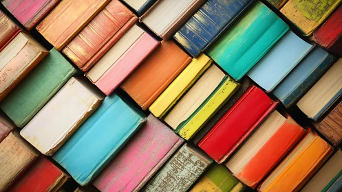 Diagonal rows of colorful vintage books in tight grid pattern.