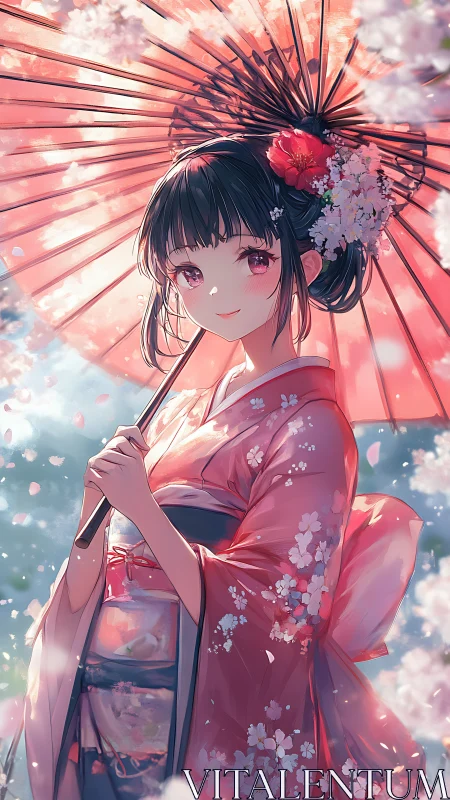 Backlit kimono portrait with parasol and drifting sakura petals