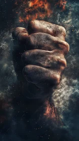 Textured clenched fist emerging through turbulent fiery smoke.