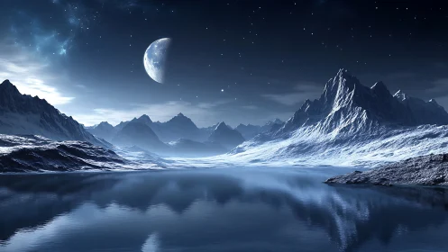 Moonlit icy peaks rise quietly above a glassy blue lake