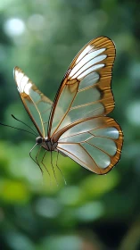 Transparent-wing butterfly in soft green forest light.