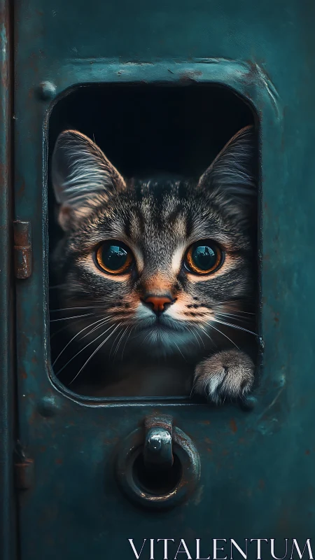 Tabby Feline Portrait in Teal Industrial Window Frame with Amber Irises