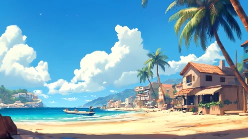 Tropical Coastal Village Beach Scene Illustration.