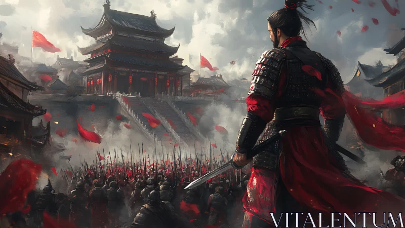 Armored commander observing assembled army before palace.