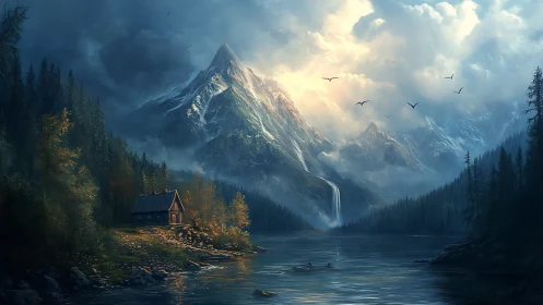 Sunlit alpine peak towers over tranquil lakeside cabin.