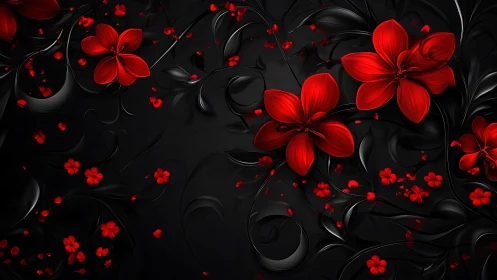 Red flowers with black swirling botanical elements on dark background.