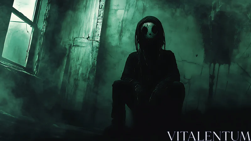 Shadowed trickster squats in toxic green abandoned room