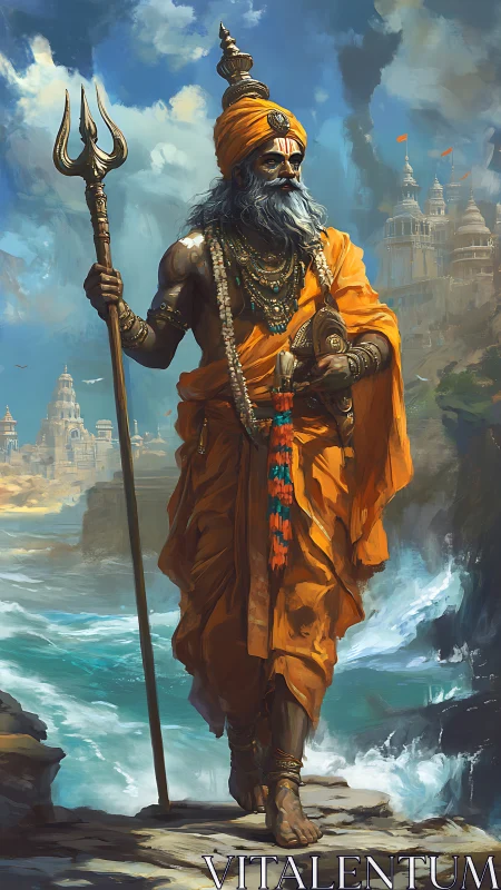 Warrior monk strides storm coast beneath temple citadels.