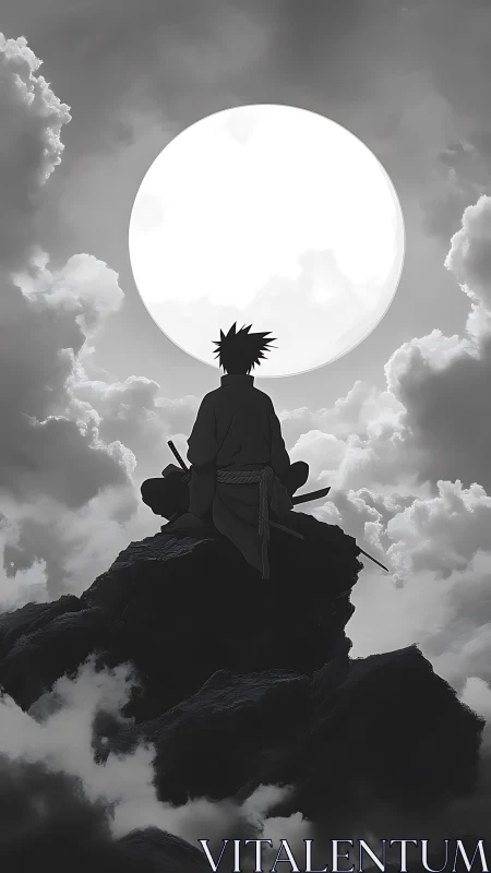 Moonlit swordsman resting above the clouds in quiet thought.
