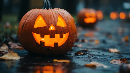 Wet jack-o-lantern glows on dark street with blurred pumpkins
