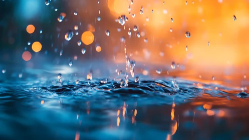 Macro water splash under orange bokeh with cool blue tones.