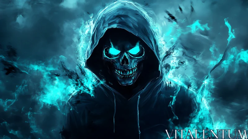 Spectral hooded reaper with neon cyan flame aura emerging