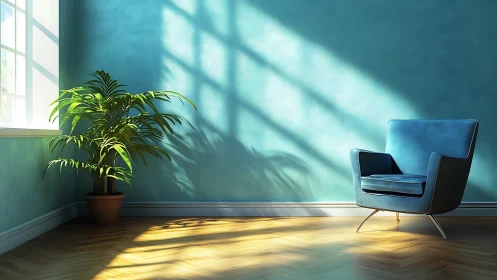 Sunlit teal corner lets a quiet chair and palm daydream
