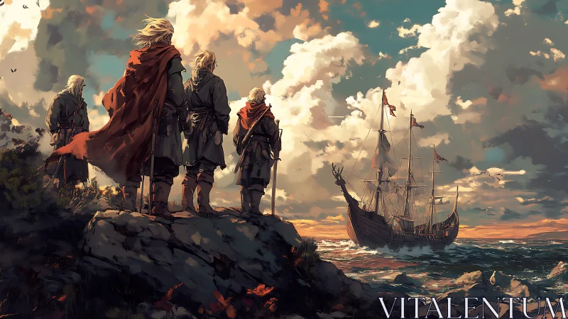 Cloaked figures observing a sailing ship from rocky shore.