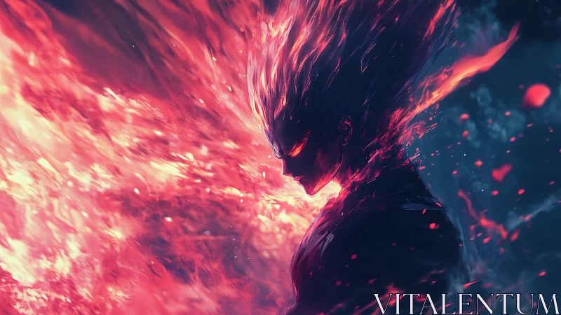 Flaming warrior silhouette engulfed in swirling inferno glow.