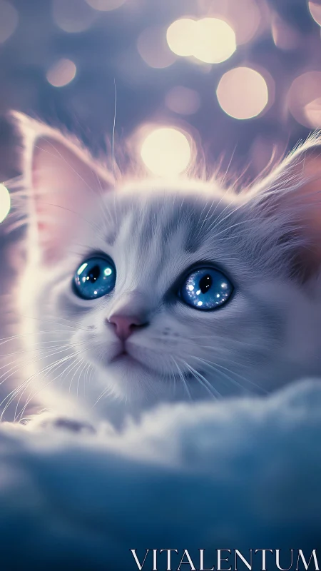 White Felid With Iridescent Azure Optical Features Against Bokeh Luminescence.