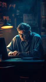 Midnight researcher wrestles code beneath moody neon haze