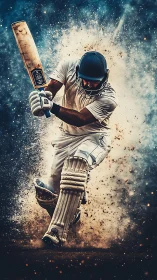 Dynamic cricket batsman in explosive dust and motion blur impact