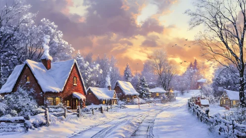 Snowlit cottage lane where winter hush meets ember glow.
