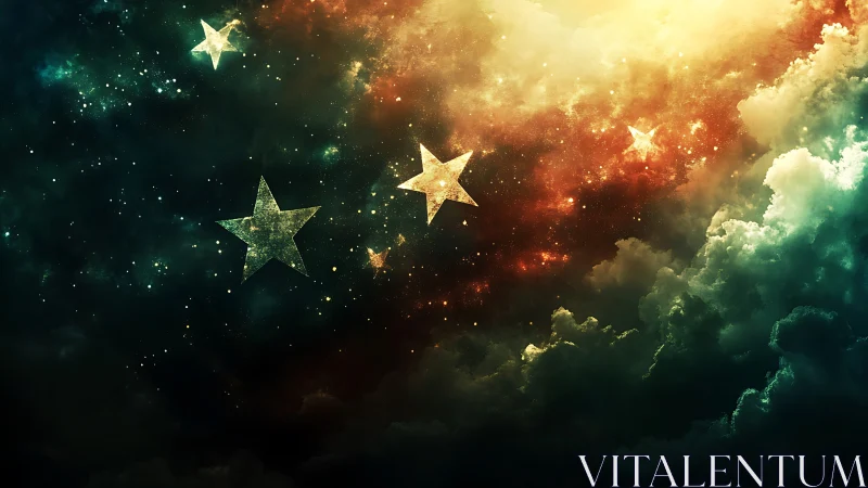 Glowing paper stars drift through a radiant cosmic cloudscape.