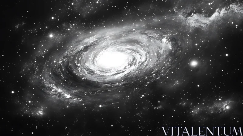 Monochrome spiral galaxy with dense central luminous core.