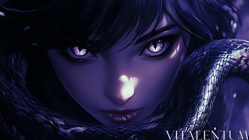 Enigmatic violet gaze meets coiled serpent in moonlit silence.