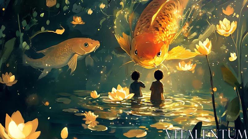 Two children observe oversized koi fish in illuminated pond