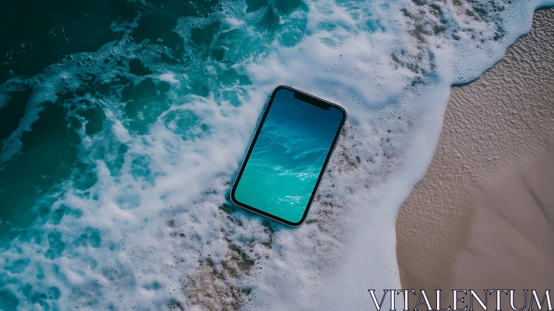 Smartphone partially submerged in foamy shoreline surf, screen mirroring sea