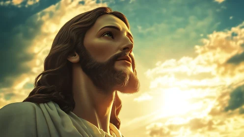 Gentle robed figure gazes toward a glowing golden sunrise