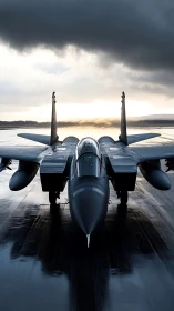 Stealth jet fighter aligned on wet runway at stormy sunrise.