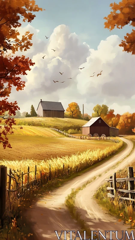 Rural farmland landscape with barns, dirt road and clouds.