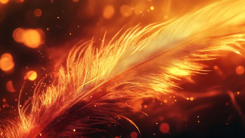 Incandescent feather macro with dynamic bokeh and ember-like particles