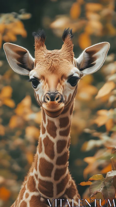 Gentle baby giraffe gazes softly amid warm autumn leaves