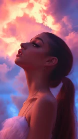 Profile portrait under volumetric sunset sky illumination.