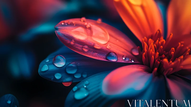 Crimson petals suspended in neon light. Dewdrops refract vibrant orange-blue spectrum.