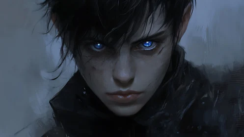 Cybernetic youth portrait with luminous cobalt eyes.