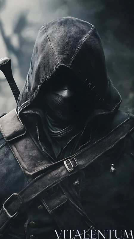 Shadow hood stalker cloaked in stormlit leather silence.