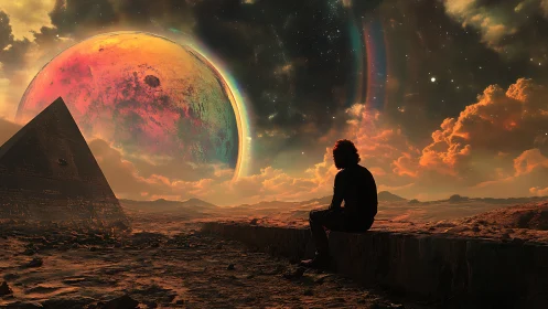 Silhouetted figure on desert plain facing large colored moon.