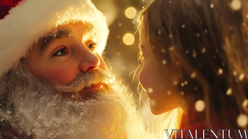 Warm Christmas closeup with Santa and child in golden light.